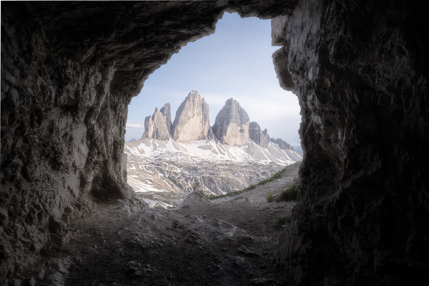 View of Drei Zinnen from inside a cave.