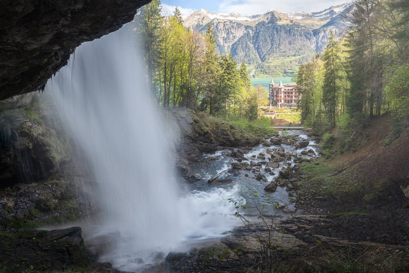 Giessbach waterfall with the view of the hotel and lake Brienz in the background