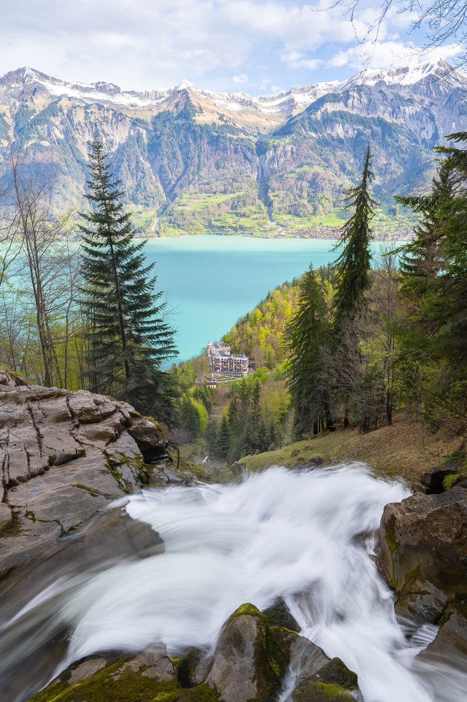View of the Giessbach waterfalls from the end point of the hike above the grand hotel and lake Brienz.