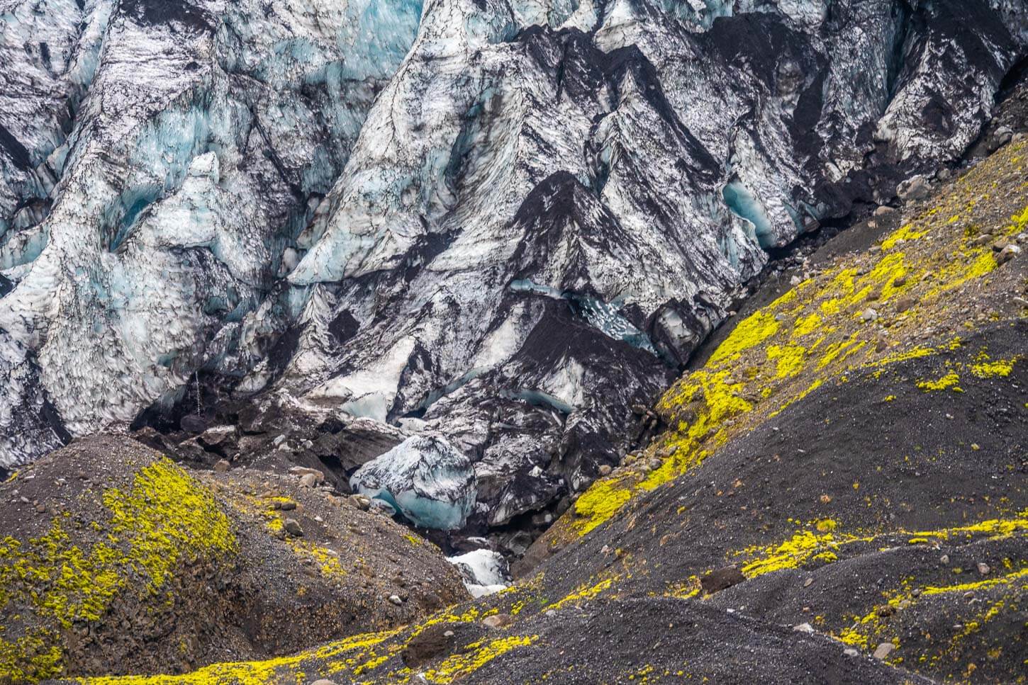 Detail of the Gígjökull Glacier and rocks covered in moss around it.
