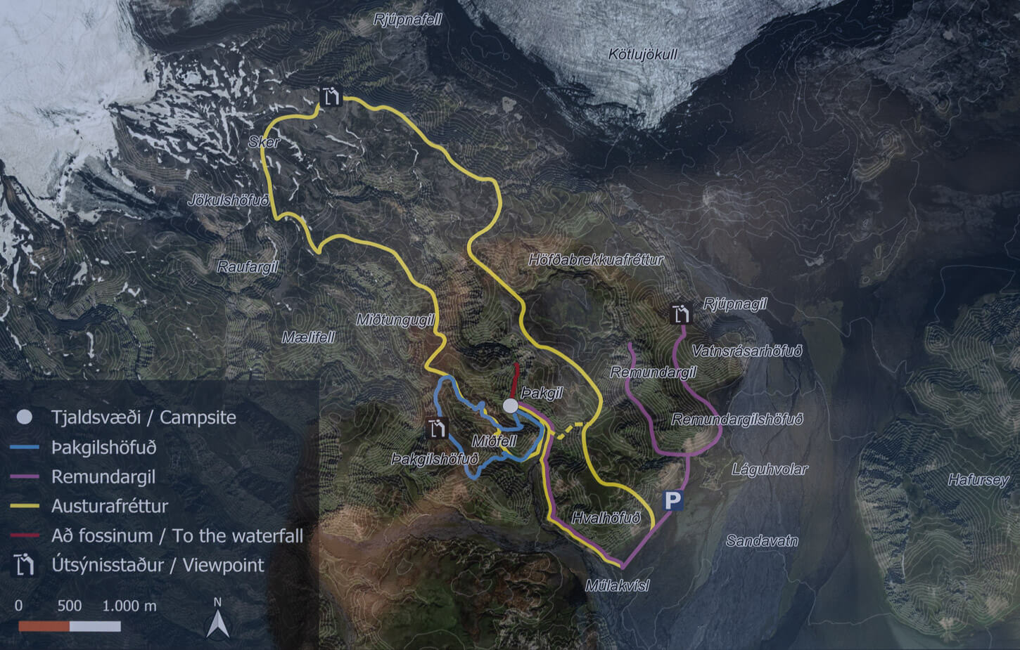 View of a recent map of hikes in Þakgil