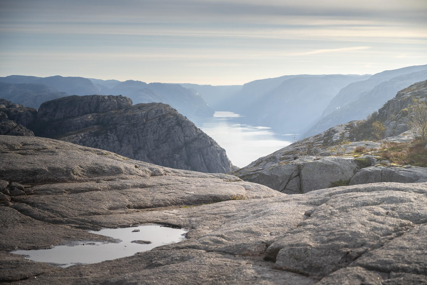 View of Lysefjord in the distance as it can be seen on the hike to Preikestolen,