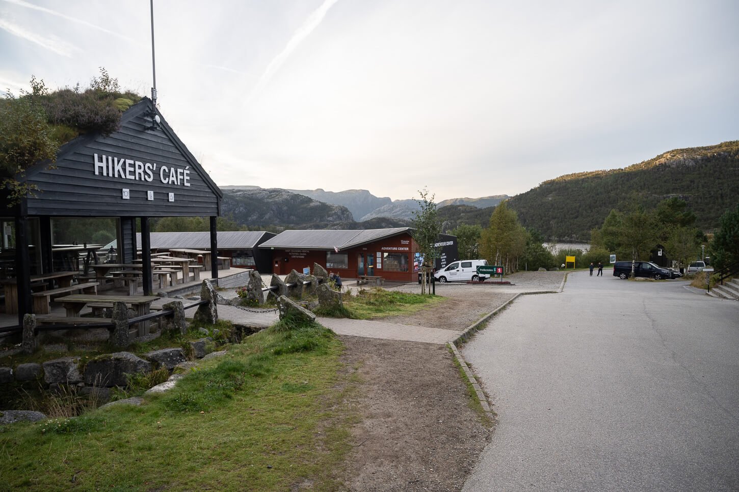 View of the Preikestolen visitors center and trail head of the hike