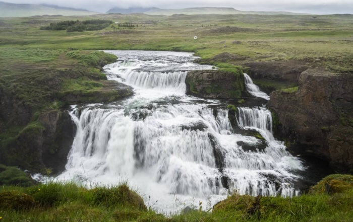 Reykjafoss Waterfall view from the main viewpoint.