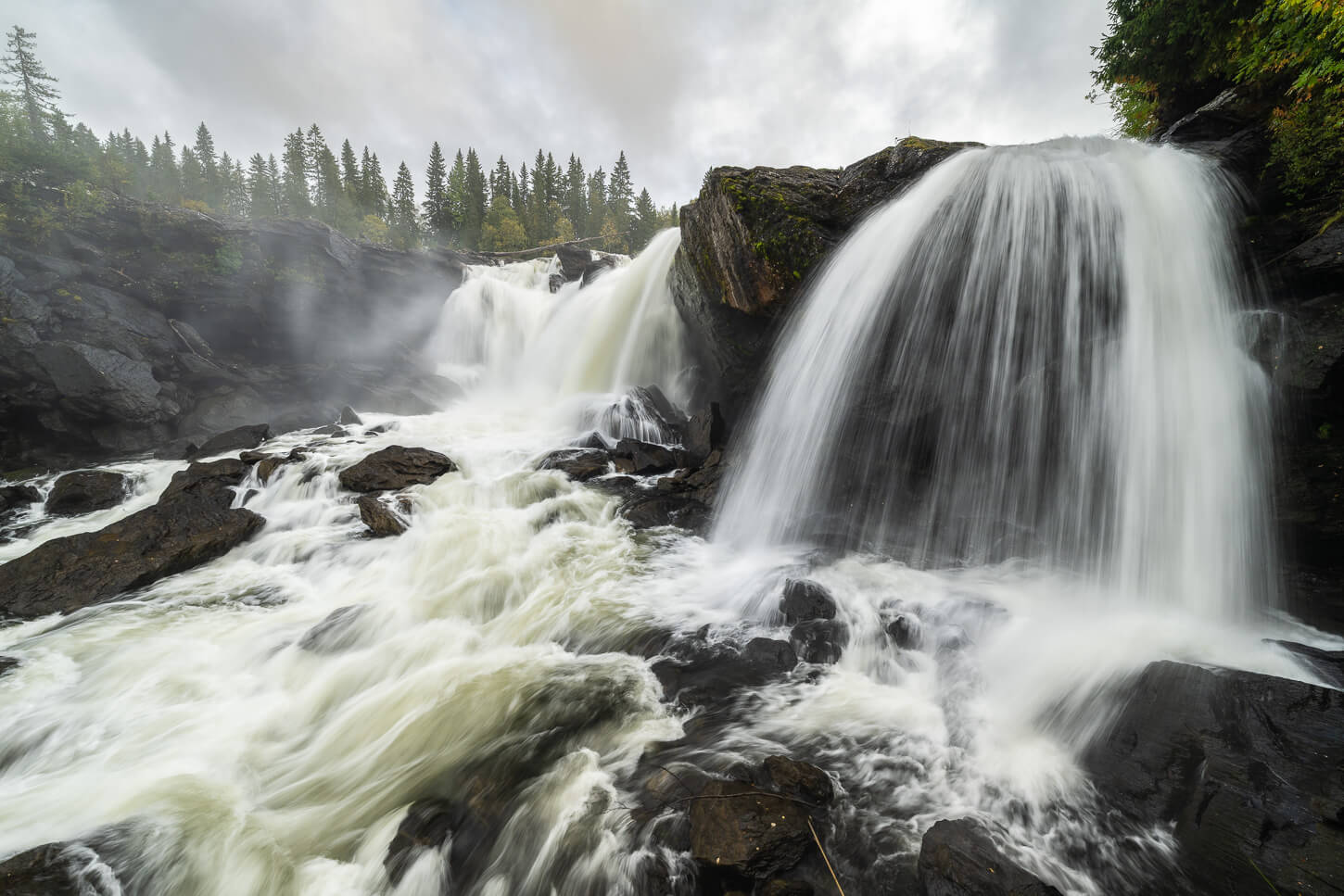 Long exposure photo of the Ristafallet waterfalll.