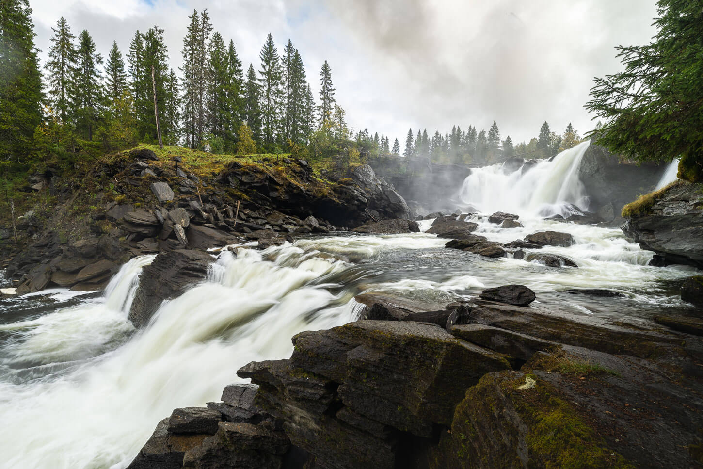 Ristafallet waterfall on a cloudy day near Åre in Sweden.