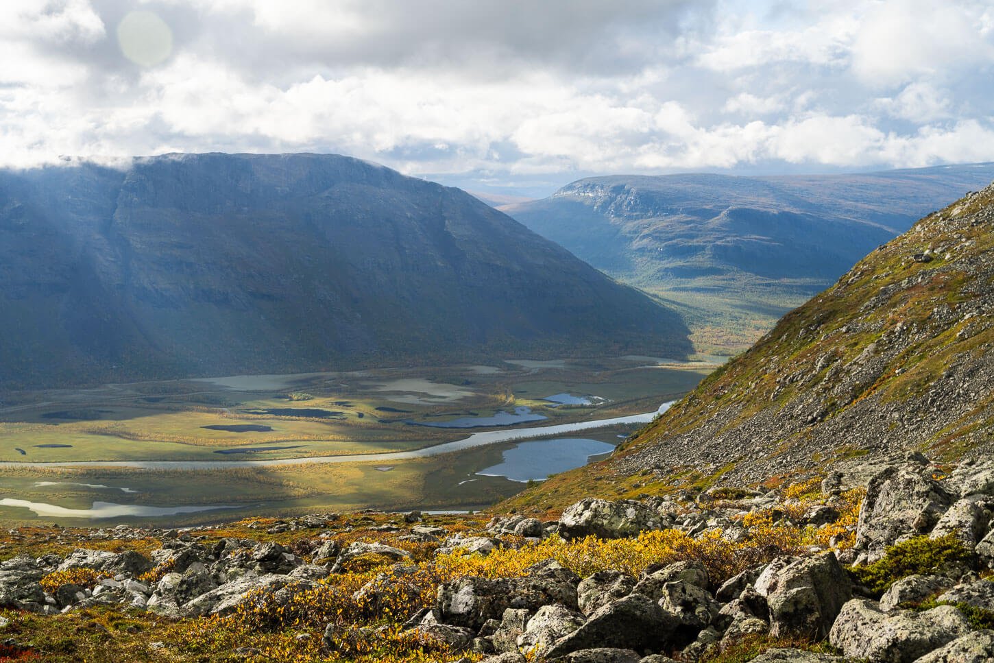 Light above the pristine Rapadalen valley and mountains of the Sarek National Park.