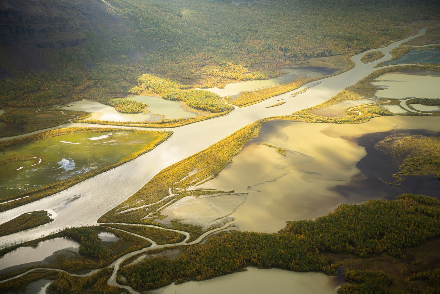Detail ofthe bast landscape and meandering river in the rapadalen valley, viewed from Skierfe.
