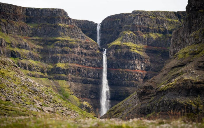 View of the Strutsfoss Waterfall from the hiking trail that leads to it.