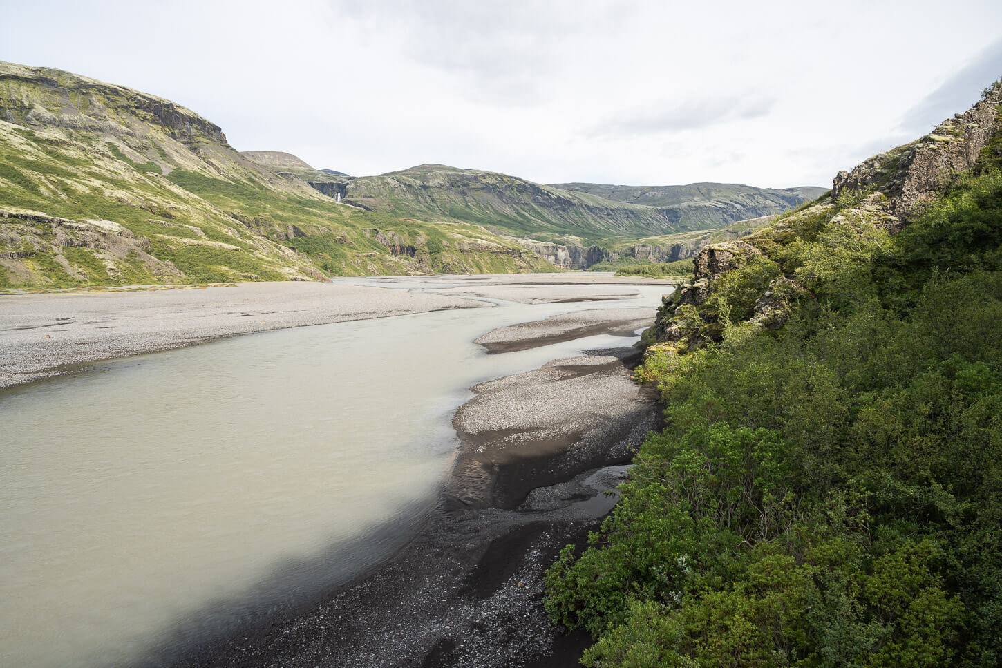 View of the Núpsstaðarskógar birch forest area and the Núpsvötn river.
