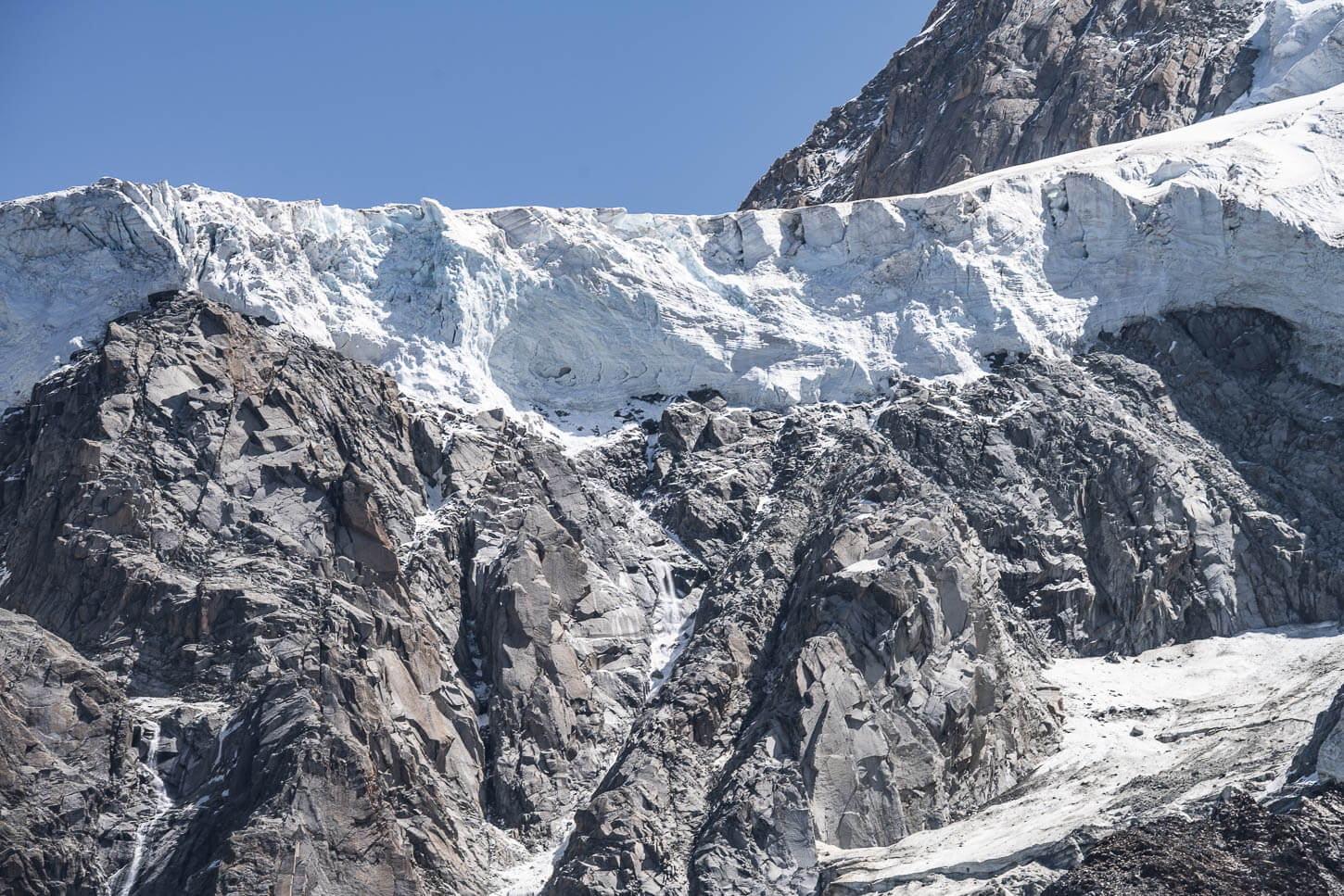 glacier front perched atop a vertical rock wall.