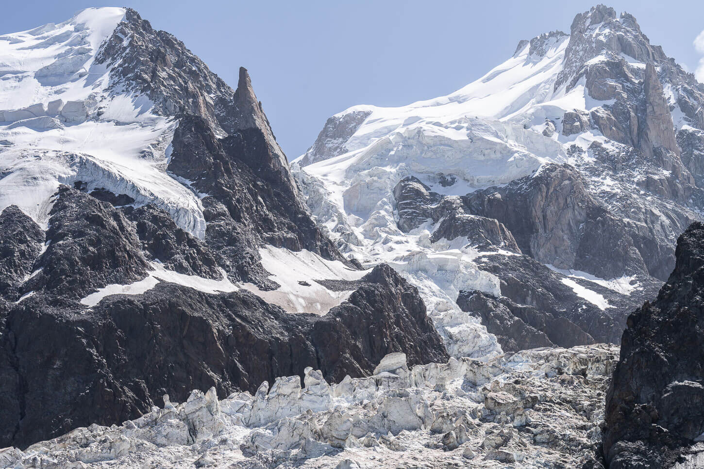 view of the impressive glaciers on Mont Blanc from la Jonction viewpoint at the End of the hike