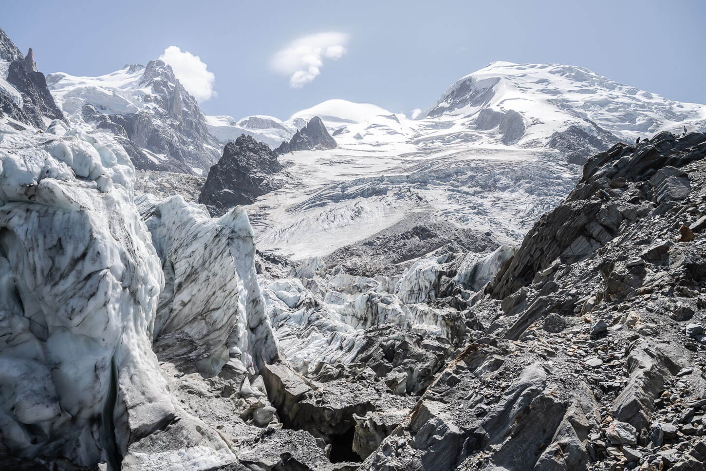 VIew of the La Jonction Glacier on the Mont Blanc in Chamonix at the end of the hike to the viewpoint.