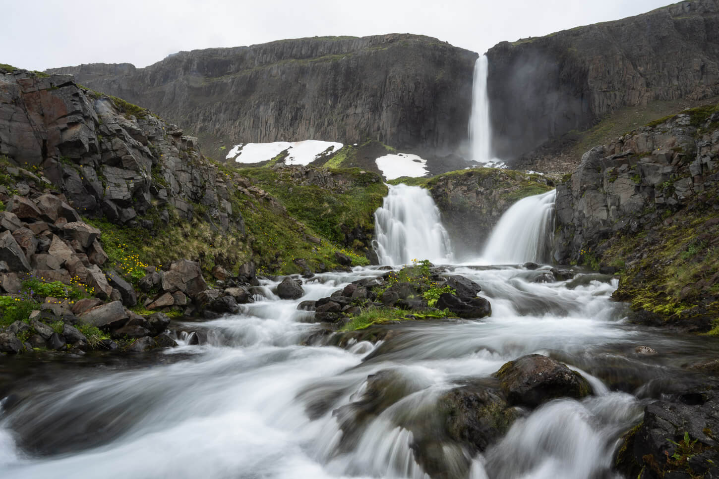 Long exposure photo of Mongufoss, a waterfall in the westfjords of Iceland