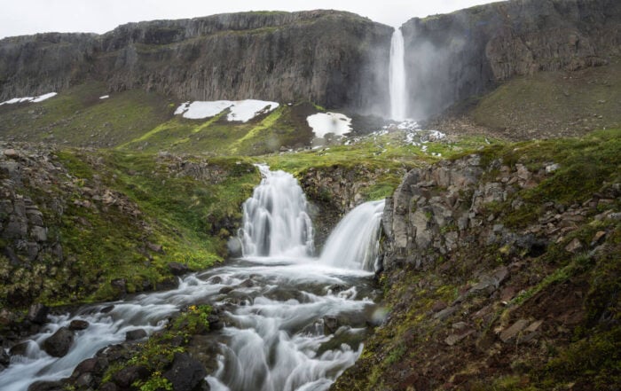 Mongifoss a 60 meters tall waterfall in the Westfjords of iceland