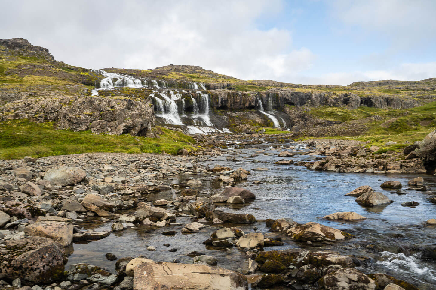 Húsárfoss, a remote waterfall in the Westfjords, is surrounded by lush green vegetation.