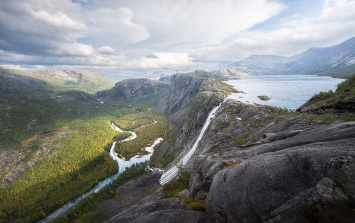 Litlverivassfossen Waterfall viewpoint from a hike there, with an epic view of the Waterfallfalling more than 200 meters into the valley below.