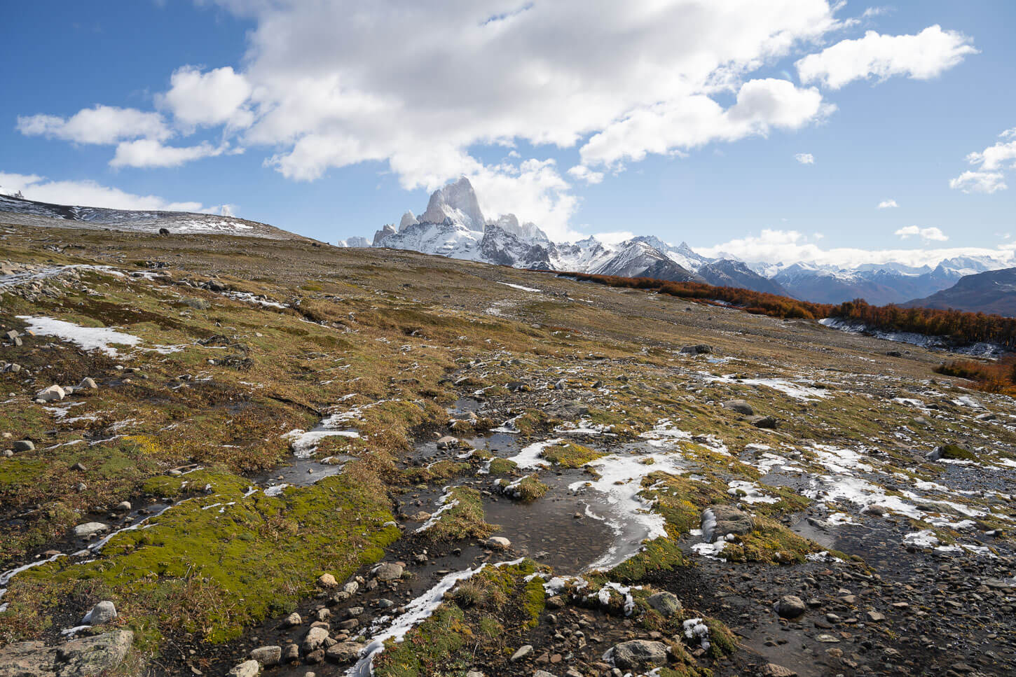 Barren trail with Fitz Roy in the background, and partly frozen ground.