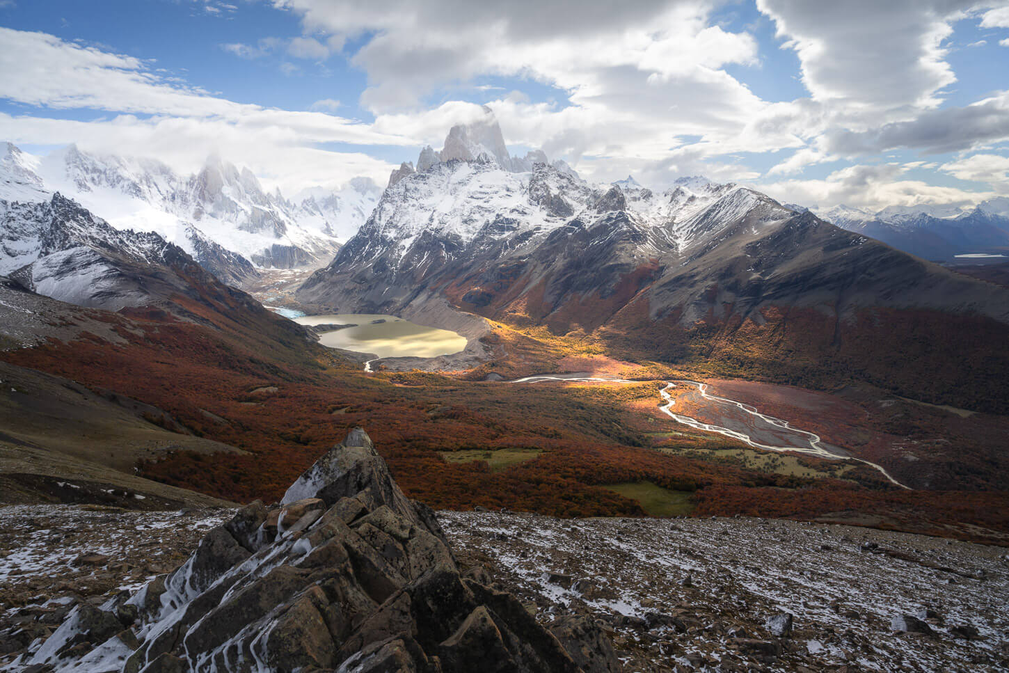 View of the Cerro Torre valley in autumn with Fitz Roy, Cerro Torre viewed from the Mirador Loma del Pliegue Tumbado.