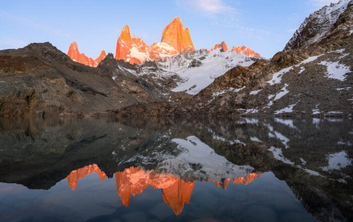 Sunrise hike at Lagunas de Los tres to see the Fitz Roy fire reflection in the lake