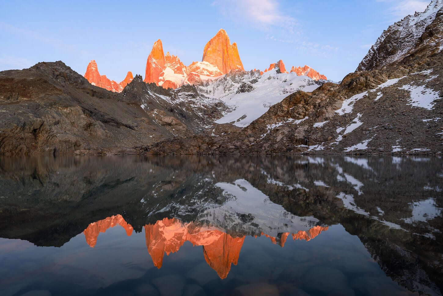 Sunrise hike at Lagunas de Los tres to see the Fitz Roy fire reflection in the lake