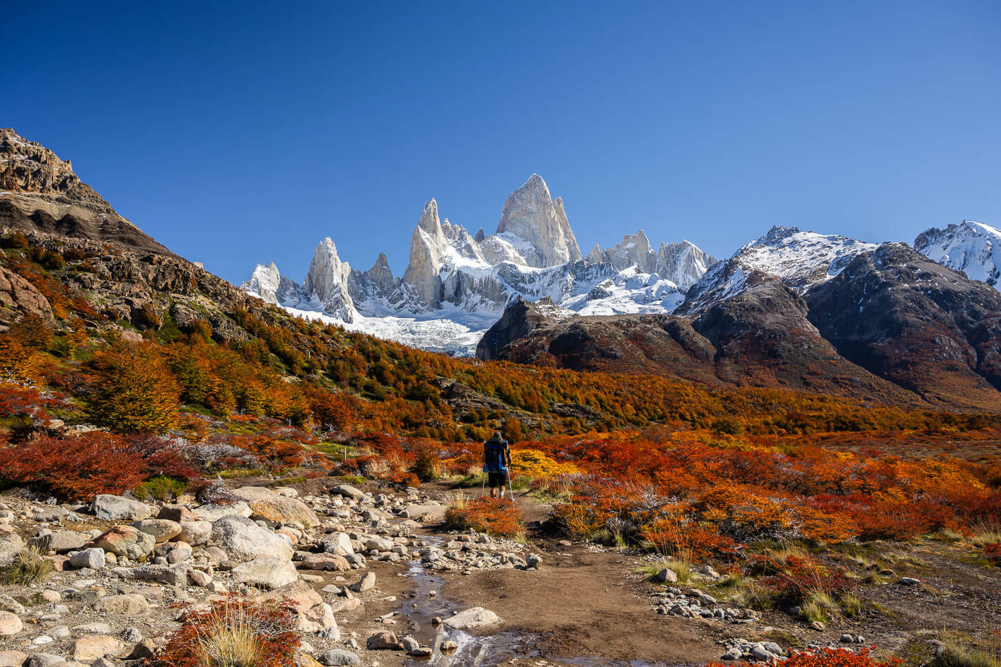 Hiker in Patagonia with the Fitz Roy massif in the distance.