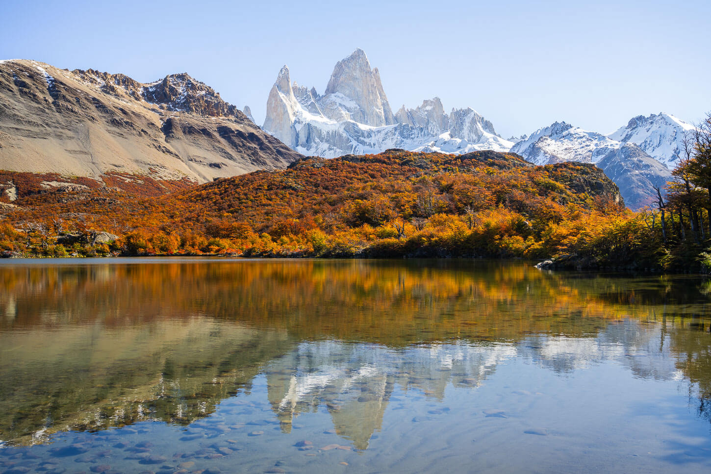 Mount Fitz Roy reflected in the waters of Laguna Capri