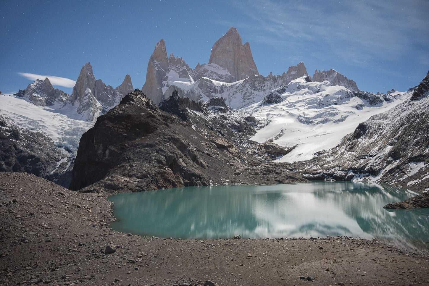 Fitz Roy and Laguna de Los Tres under the Moonlight on an almost cloudless night.