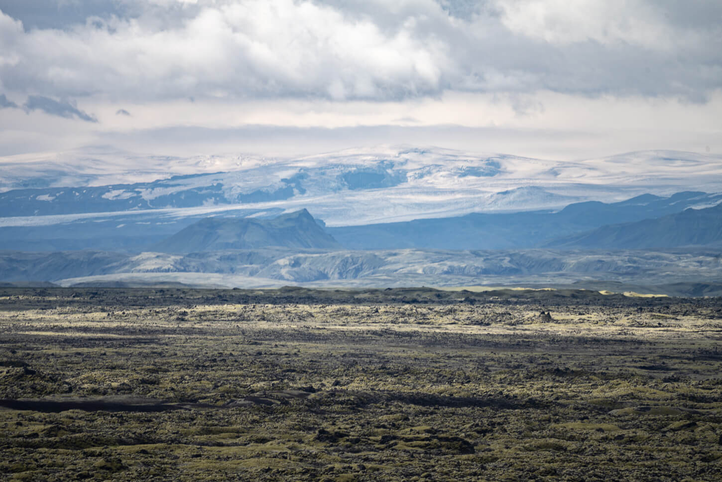 Lava field with the Vatnajokull glacier in the background.