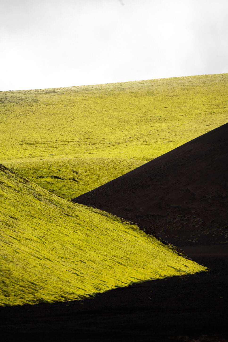 abstract landscape image of black sand dunes mixed with hills covered in green moss.