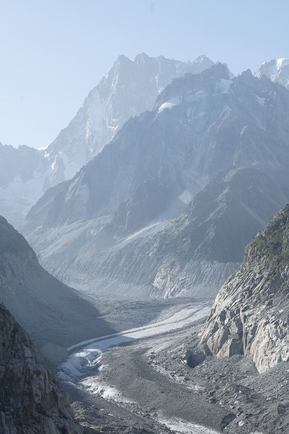 Detail of the Mer de Glace Glacier surrounded by the Jagged peaks around it.