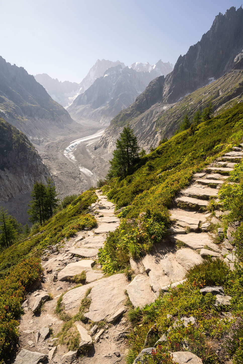 View of Mer de Glace and per of the Grand Balcone Nord Trail on a section with stone steps.