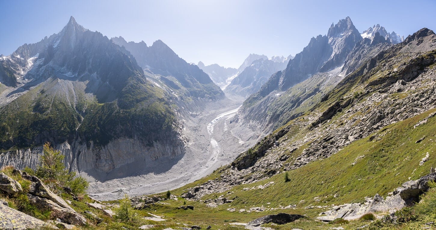 Panorama image of Mer de Glace from the Grand Balcon nord hike, on a sunny day.