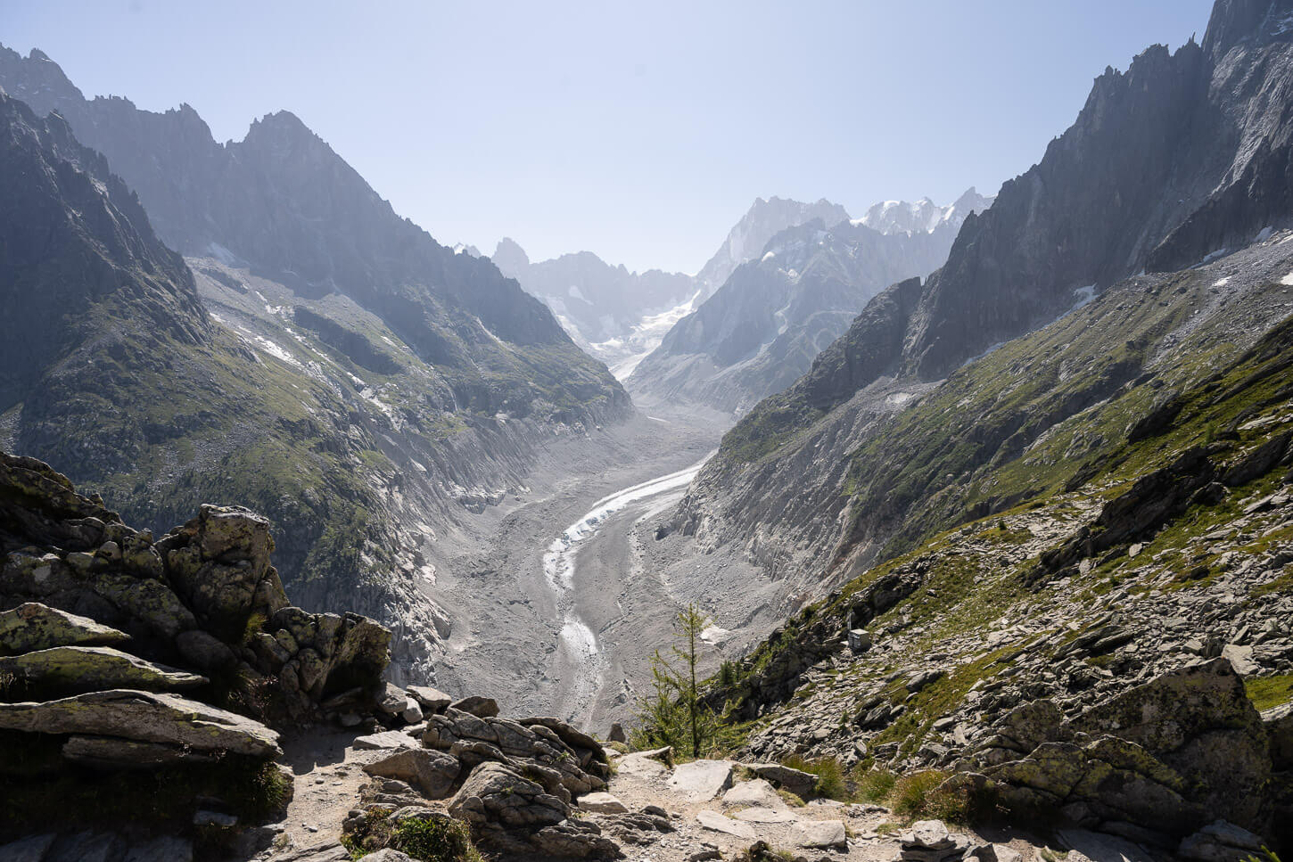 View of Mer de Glace from the Signal Forbes Lookout, taken on a hike on the grand balcony Nord.