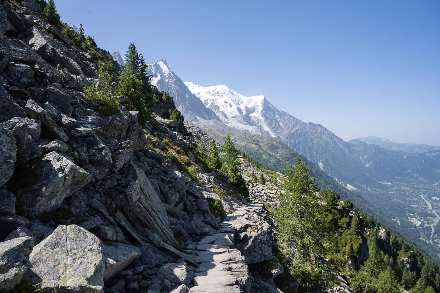 View of the Mont Blanc Massif Glaciers from the Grand Balcon Nord trail.
