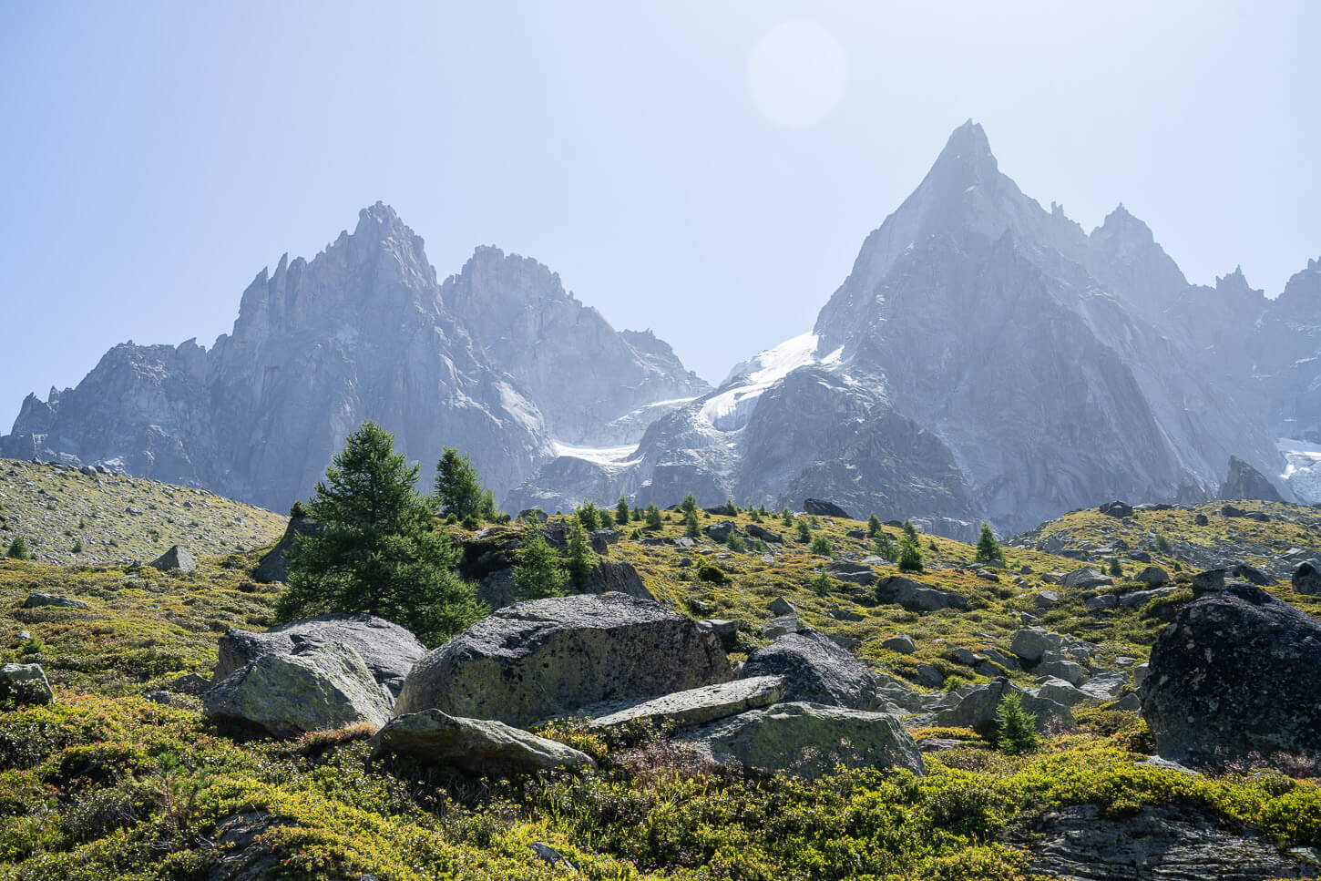 Photo of some of the peaks in the Mont Blanc massif on a sunny summer day.