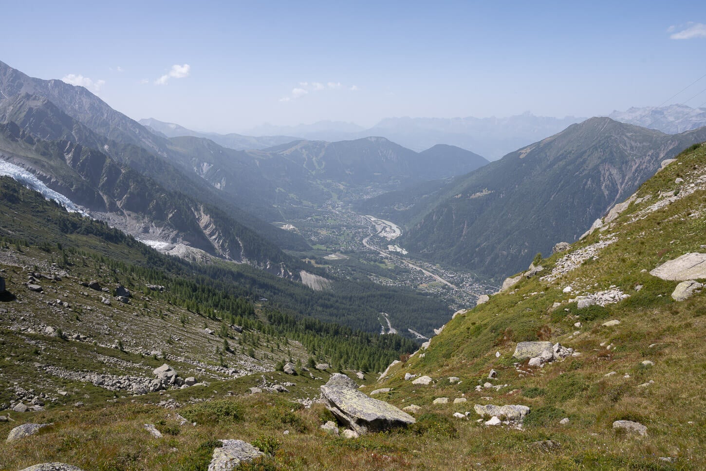 Trail from Aiguille du Midi station to Chamonix with views of the valley.