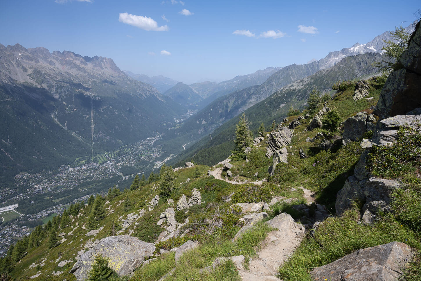 Trail from Aiguille du Midi station to Chamonix with views of the valley.
