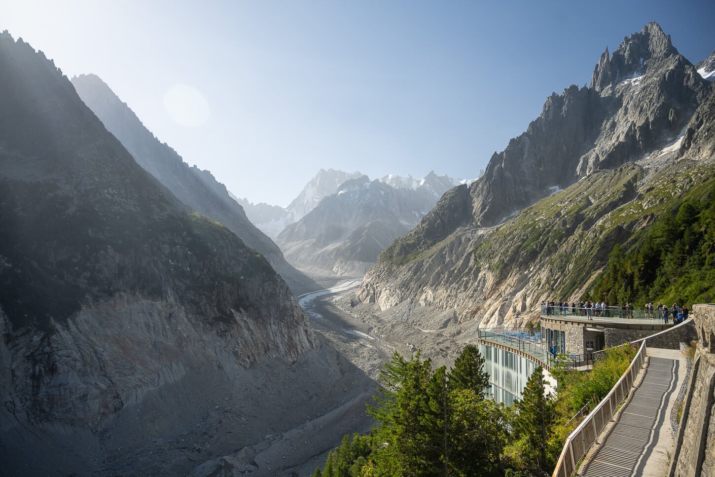 View of the Montenvers Obeservation deck above the Mer de Glace Glacier