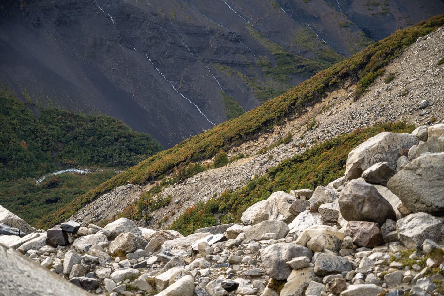 View of the last kilometer of the steep climb to Mirador base torress, a challenging section on a moraine
