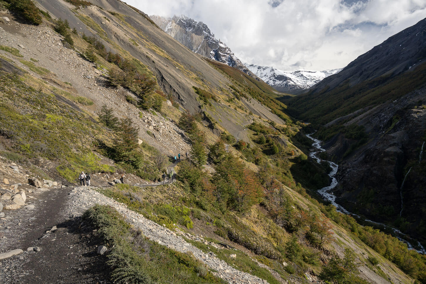 Trail toward Chileno Campsite with the river in the middle and snowy mountains in the background.