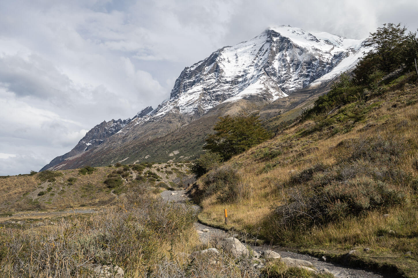 Hiking trail to Base Torres with a snow-capped mountain in the background.