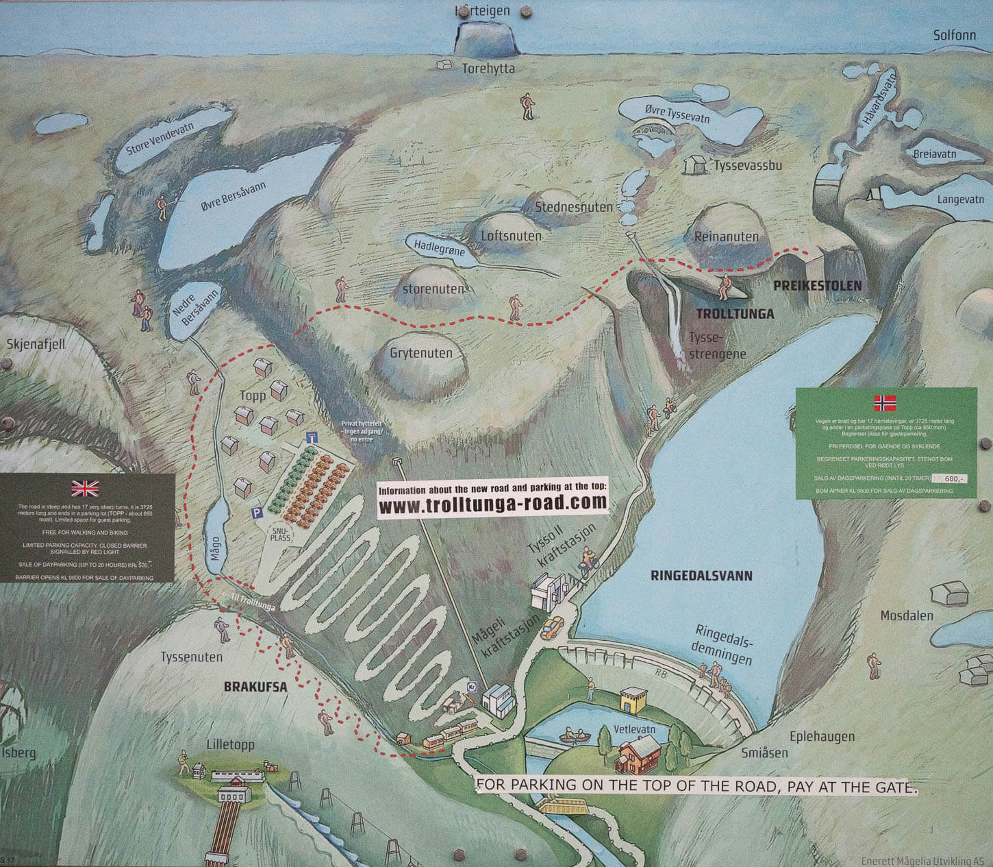 Drawn overview and map of the hike to Trolltunga and landscape features around it