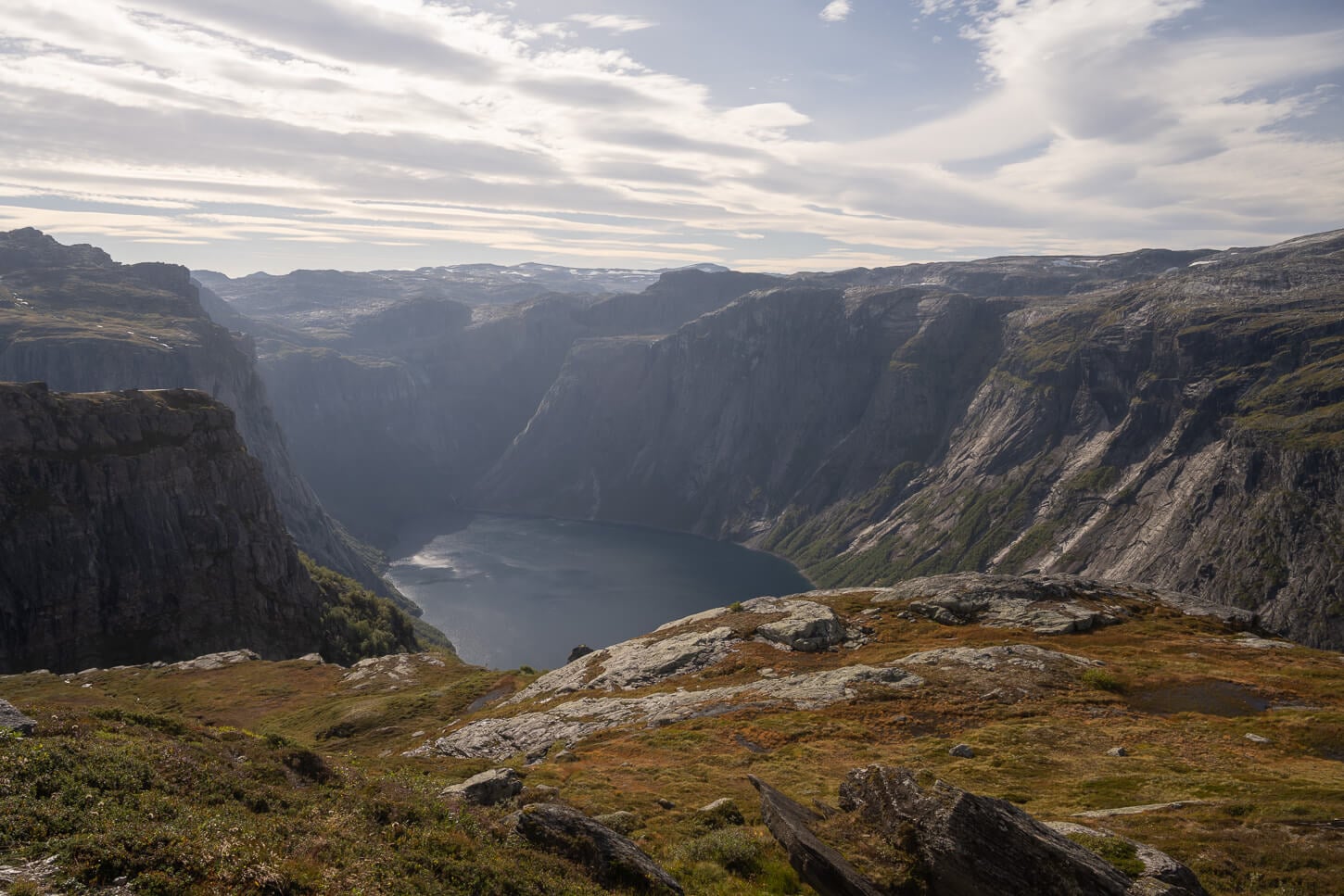 View of Ringedalsvatnet from a nearby hiking trail.