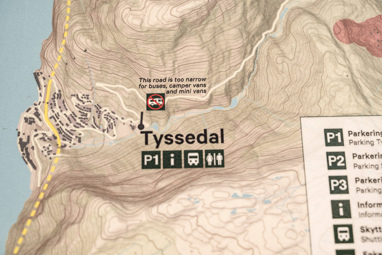 Map of Road to Trolltunga Highlighte P1 Tyssedal and that buses and camper vans are not allowed beyond that point.