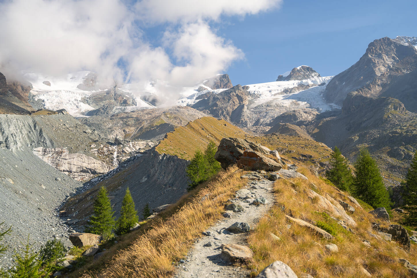 Hiking trail on the crest of a Moraine, toward Rifigio Mezzalama in Val D'Ayas.
