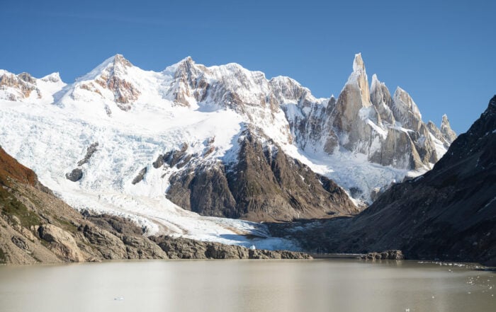 View of Laguna Torre and Cerro Torre on a sunny day