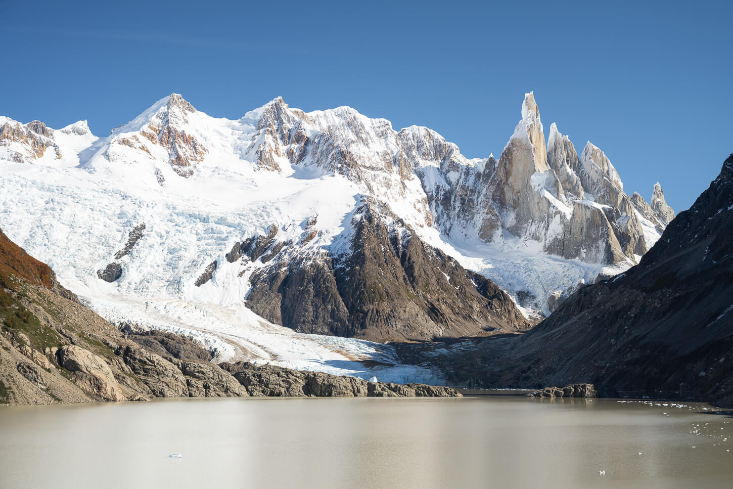View of Laguna Torre and Cerro Torre on a sunny day
