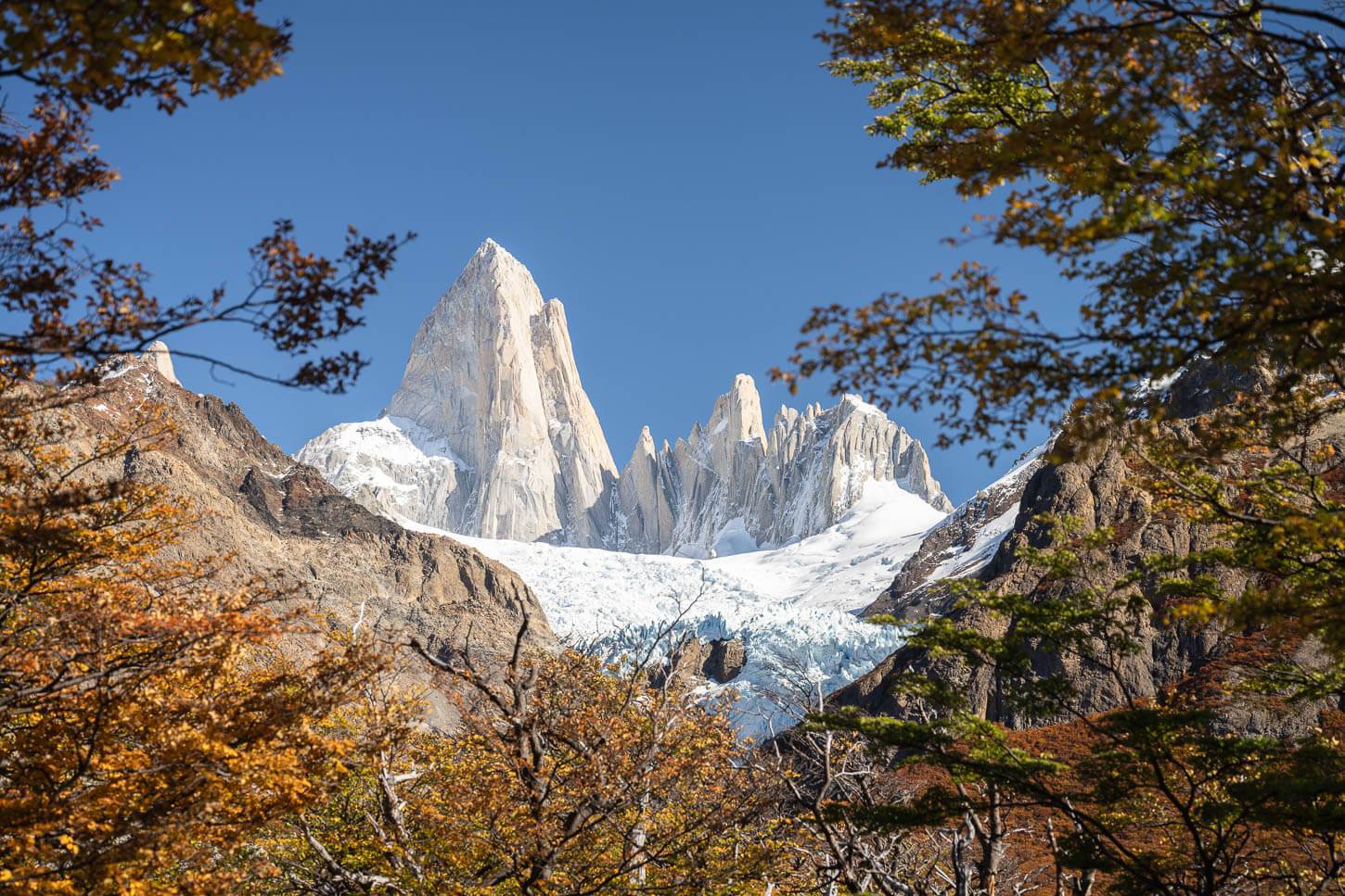 Mount Fitz Roy and its the jagged peaks in the distance, with Glaciar Piedras Blancas Below it,