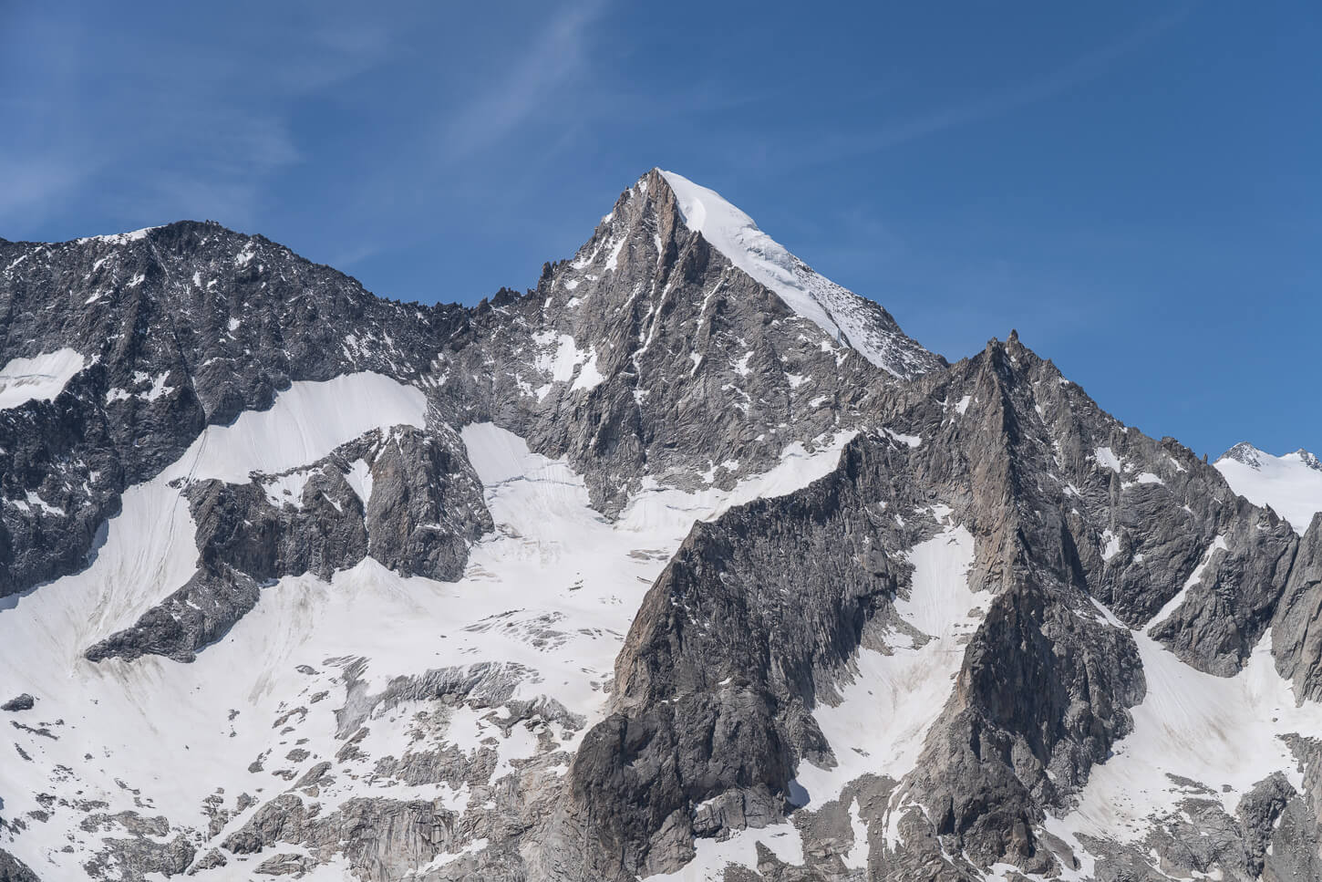 Mountain covered in glaciers in the Oberaetsch glacier valley.